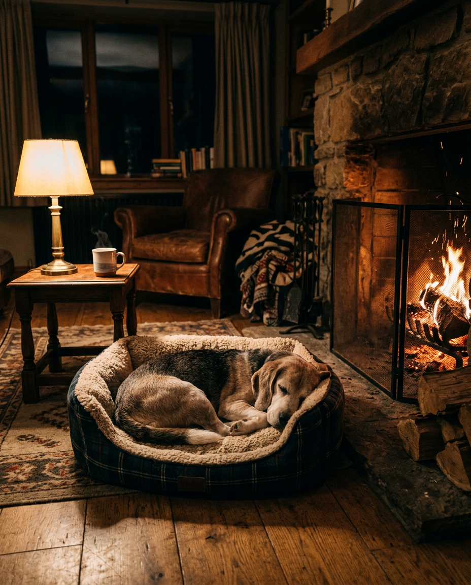 A senior beagle asleep in a plush bed beside a fireplace