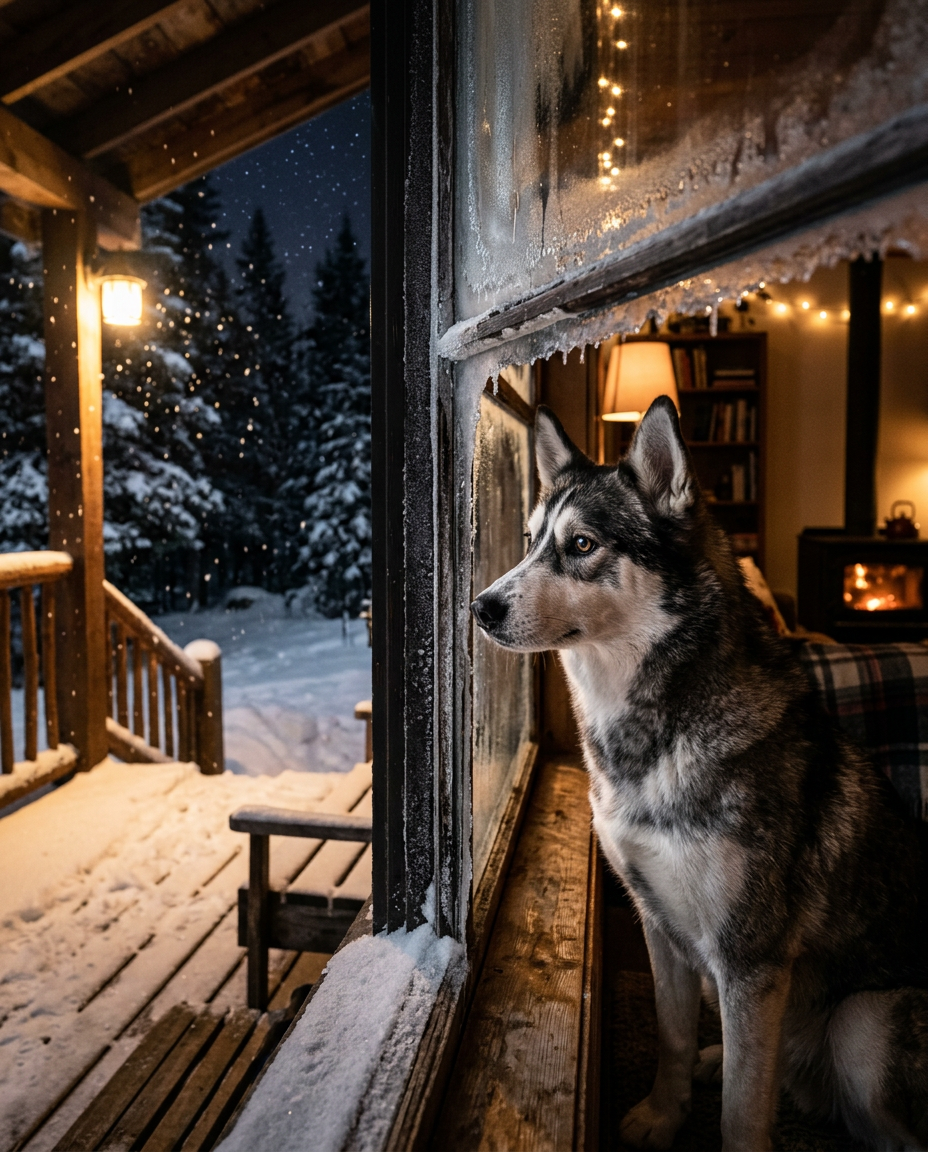 A husky looking out a frosted window at a snowy night