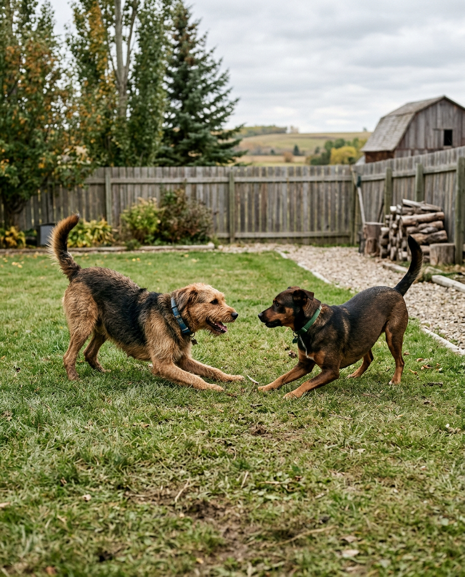 Two dogs play bowing to each other in a fenced backyard