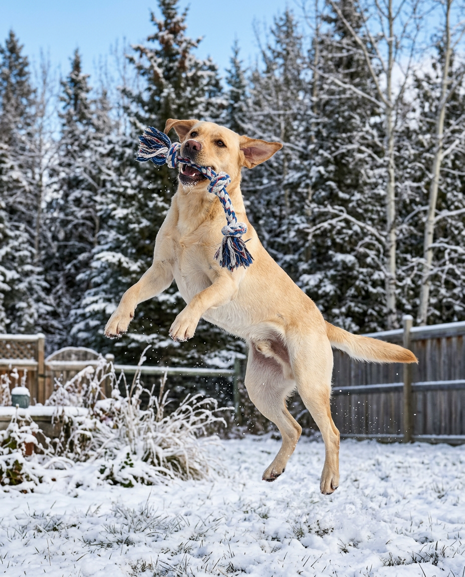 A yellow labrador leaping for a rope toy in fresh snow