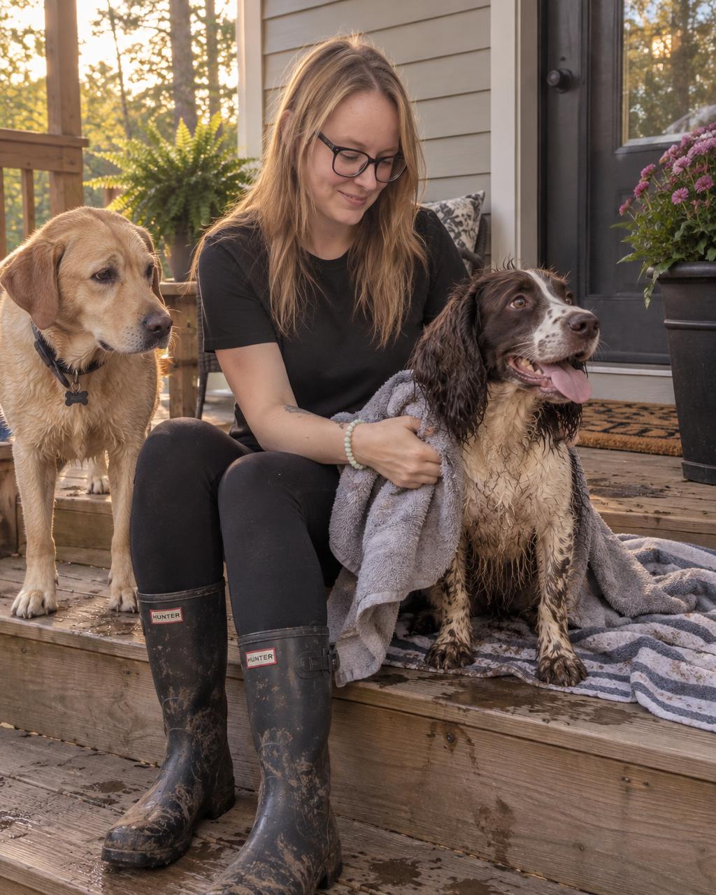 Amanda towel drying a muddy spaniel on a porch step
