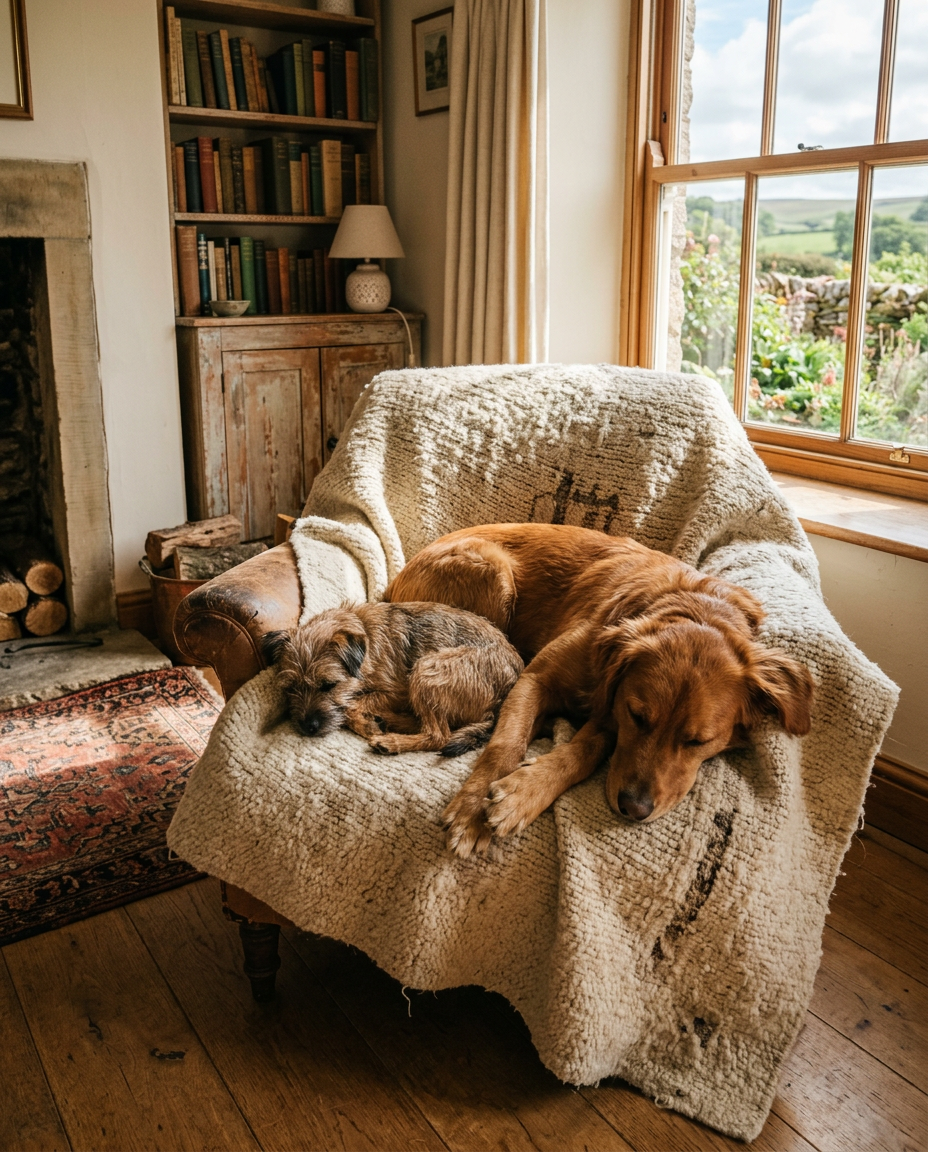 Two dogs napping together on a wool blanket in a sunny room