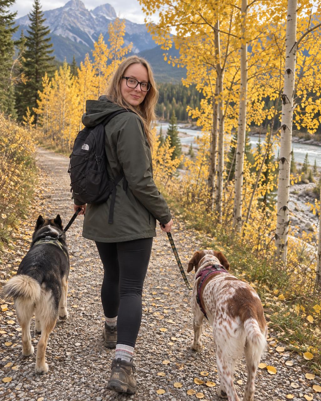Amanda walking two dogs on a trail lined with golden aspens