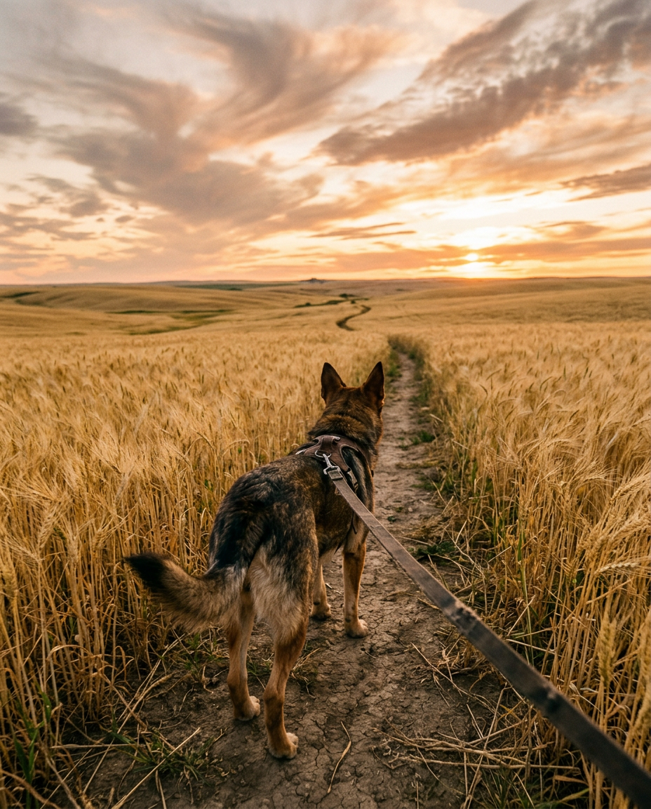 A shepherd mix on a leash walking a path through wheat fields at sunset